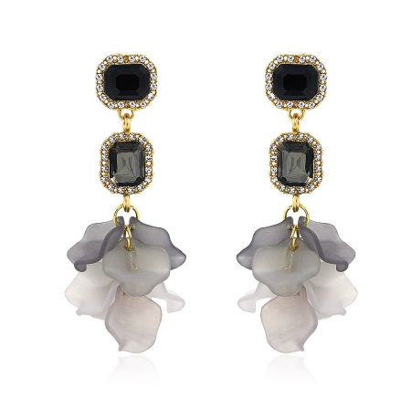 Dangle Flower Petals Earring - A pair of Dangle Flower Petals Earrings with a gold-plated finish, showcasing a floral design with black and gray crystal gemstones on a white background.