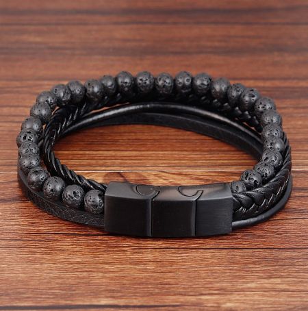 Men's bracelet showing the magnetic clasp and lava stone texture.