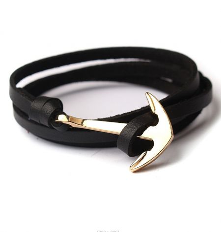 Black PU leather bracelet with a gold anchor clasp for men.