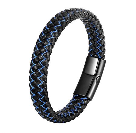 Men's Leather Wrap Bracelet - Close-up of a men's black leather wrap bracelet featuring detailed blue stitching and a secure black stainless steel clasp.