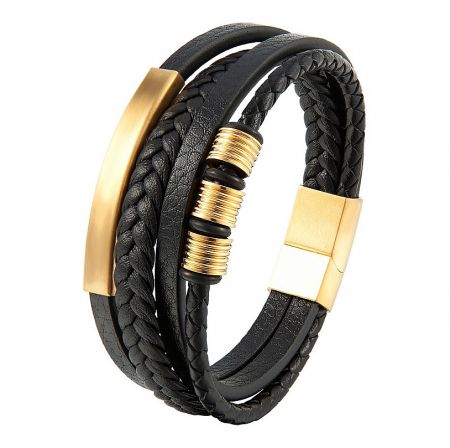 Men Black Leather Bracelet - A stylish men's black leather bracelet with elegant gold-plated stainless steel accents, offered by JR Fashion Accessories.