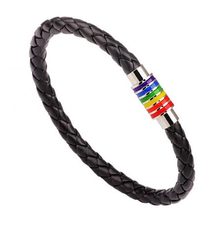 Detailed view of the black braided PU leather LGBT pride bracelet with its magnetic rainbow clasp.