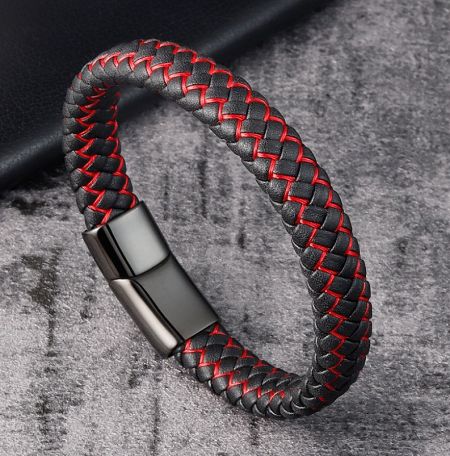 Men's leather wrap bracelet with contrasting red stitching, showcasing its woven design and metal clasp.