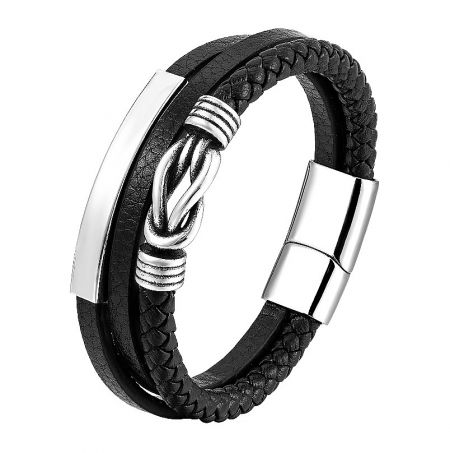 Men Stainless Steel Bracelet - A close-up of the Men's Stainless Steel Bracelet with a distinctive knot design, showcasing the genuine black leather band and secure metal clasp.