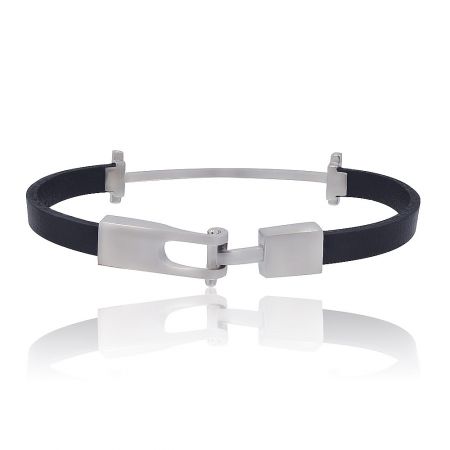 Half N Half T Bar Cuff Bracelet - The Half N Half T Bar Cuff bracelet, showcasing its dual design of black leather and rhodium-plated 925 sterling silver with a sparkling cubic zirconia T-bar clasp.