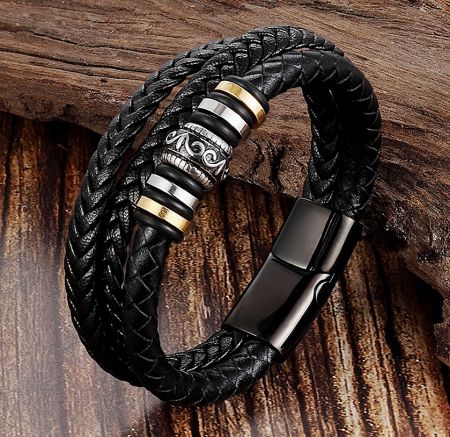 Detailed view of the mens multilayer braided rope bracelet showcasing the metal accents.