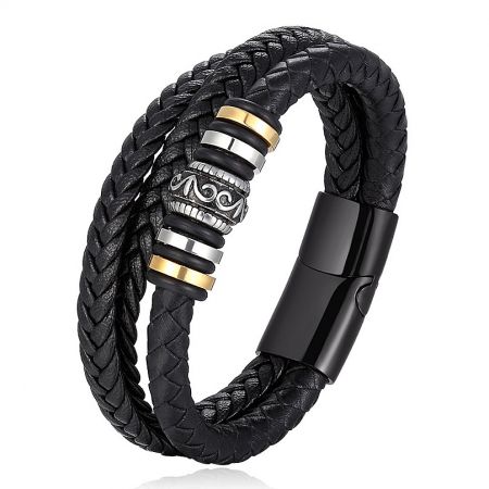 Mens Multilayer Braided Rope Bracelets - Mens multilayer braided rope bracelet made from black genuine leather with stainless steel metallic accents and a secure clasp.
