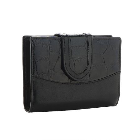 Luxurious black leather clutch wallet with a sophisticated crocodile skin texture.