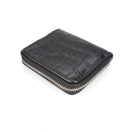 Angled view of the black crocodile texture wallet highlighting its sleek design and gold hardware.