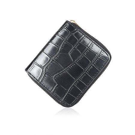 Side profile of the black croc leather wallet emphasizing its compact dimensions and zipper detail.