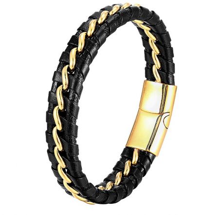 Golden Leather Bracelet For Men - A stylish men's bracelet featuring braided black genuine leather with a striking black and gold plated stainless steel clasp.