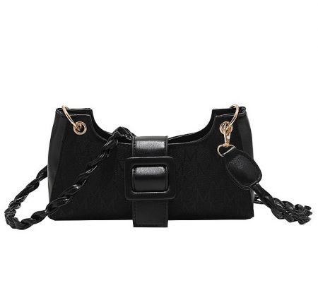 Fashionable Girly Shoulder Handbag - Front view of the Fashionable Girly Shoulder Handbag in black PU leather, showcasing its elegant gold-tone hardware and distinctive braided straps.