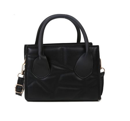 Mini PU Leather Handbag - A stylish black leather handbag with a structured design, featuring two top handles, a detachable shoulder strap, and elegant gold hardware.