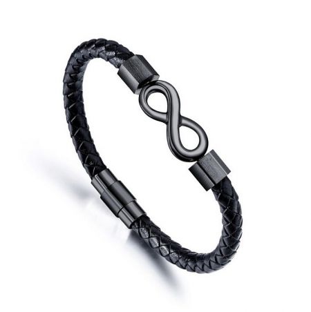 Infinity Braided PU Leather Bracelet For Men - A stylish black braided PU leather bracelet for men, featuring a polished stainless steel infinity symbol clasp, on a clean white background.
