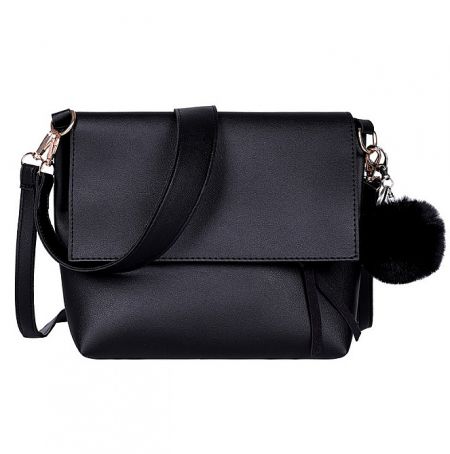 Front view of the large capacity cross body bag in black PU leather with flap closure.
