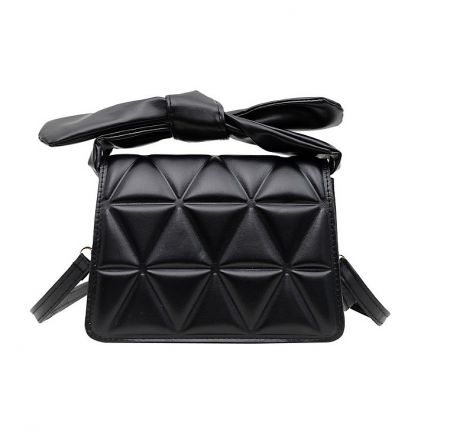 Ribbon Quilted PU Leather Handbag - Stylish black ribbon quilted PU leather handbag with an elegant bow-shaped strap, model JRP-046.