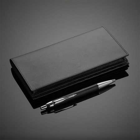 A premium gift set featuring a custom black leather wallet and a matching pen.
