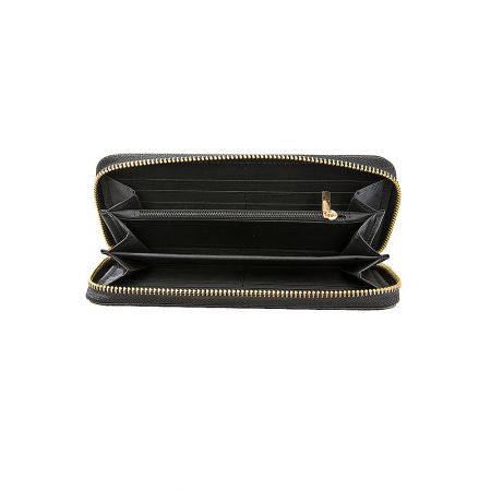 The interior of the black PU leather wallet, showing multiple card slots and compartments with gold zippers.