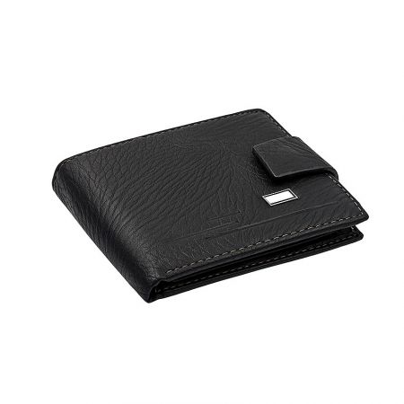 Elegant black textured leather wallet featuring a custom silver metal logo.