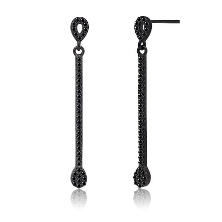 A full view of the black long bar earrings showcasing their sleek, modern design.