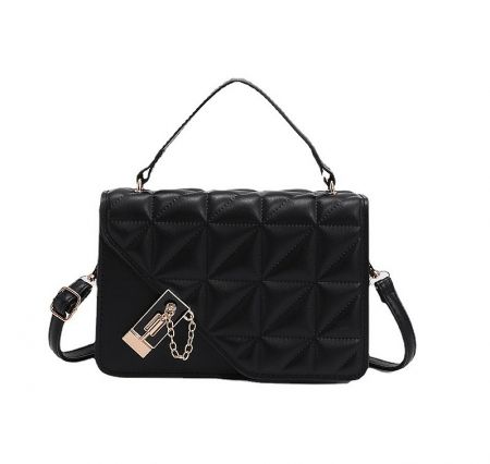 High Quality Women Pu Leather Bag - Front view of a high-quality black quilted PU leather handbag with an elegant gold chain strap and hardware, model JRP-044, from JR Fashion Accessories.