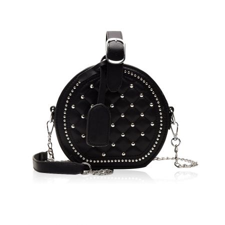 Classic black quilted round purse in PU leather with silver stud accents.