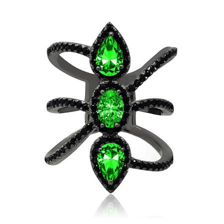 Hematite Contemporary Cocktail Ring - Front view of the Hematite Contemporary Cocktail Ring, showcasing its distinctive design with three vibrant green gemstones and black cubic zirconia accents on a hematite-plated band.