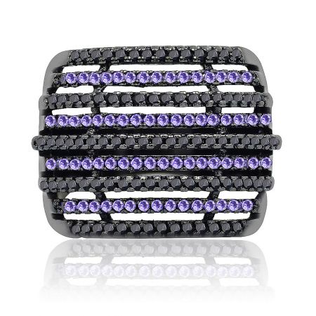 Multi Row Wide Band Ring - Front view of the Multi-Row Wide Band Ring, showcasing its intricate design with rows of purple and black cubic zirconia gemstones on a dark hematite-plated band.