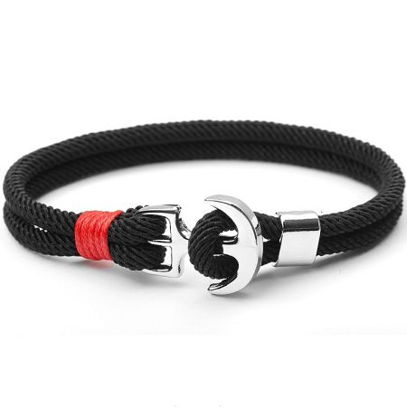 Anchor Hook Nylon Polyester Rope Bracelet - Close-up of the Anchor Hook Nylon Polyester Rope Bracelet in black, showcasing the stainless steel anchor clasp and detailed red stitching.