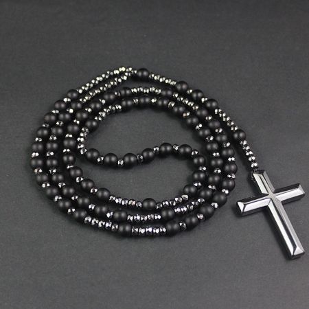 Black Diamond Rosary Long Drop Beaded Cross Pendant Necklace - Detailed view of a custom black beaded rosary necklace with a polished sterling silver cross pendant, manufactured by JR Fashion Accessories.