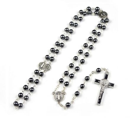Full view of the custom black enamel cross rosary necklace with clasp.