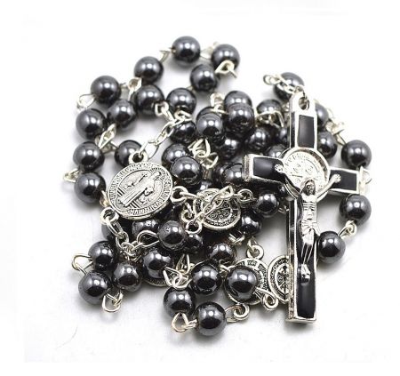 Custom Black Enamel Cross Rosary Necklace - A custom black rosary necklace featuring silver details, a crucifix, and a religious medal, showcasing the fine craftsmanship of JR Fashion Accessories.
