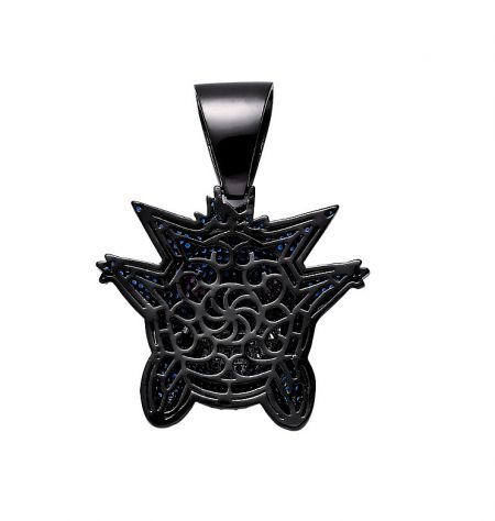 Black star pendant featuring an intricate filigree pattern and vibrant blue stone accents.
