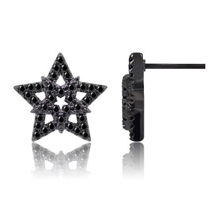 Detailed close-up of the multi-layered black star-shaped earrings, highlighting the cubic zirconia stones.