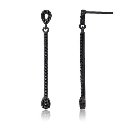 A detailed close-up of the textured surface of the black CZ bar dangle earrings.