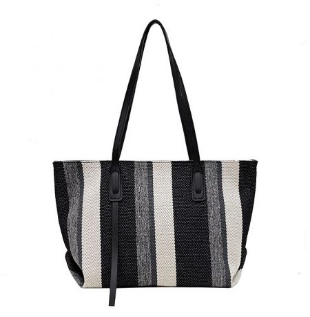 Canvas Tote Bag - A stylish black, white, and gray striped canvas tote bag with PU leather details, offered by JR Fashion Accessories.
