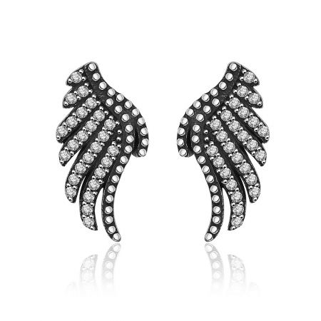 Silver Wing Ear Studs - A pair of elegant Silver Wing Ear Studs in oxidized 925 sterling silver, featuring an intricate wing design with sparkling cubic zirconia crystals.