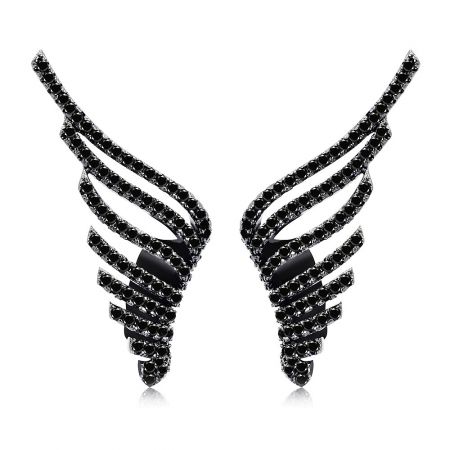 Glamorous Dark Wing Earring - A pair of Glamorous Dark Wing Earrings, featuring a sleek, wing-like design crafted from hematite-plated brass and embellished with sparkling black and clear cubic zirconia stones.