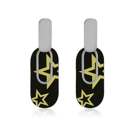 Fashion Black Star Earrings - A pair of Fashion Black Star Earrings with a rhodium-plated finish, showcasing the detailed black and yellow star design against a white background.