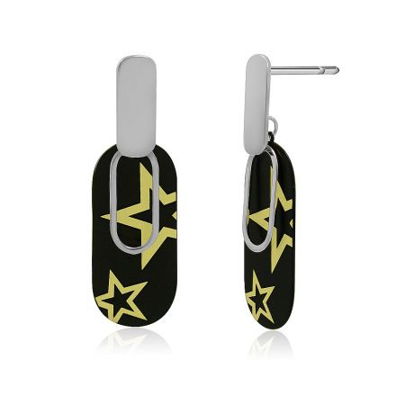 Close-up view of the Fashion Black Star Earring, highlighting the smooth finish and the yellow star outline on the black base.