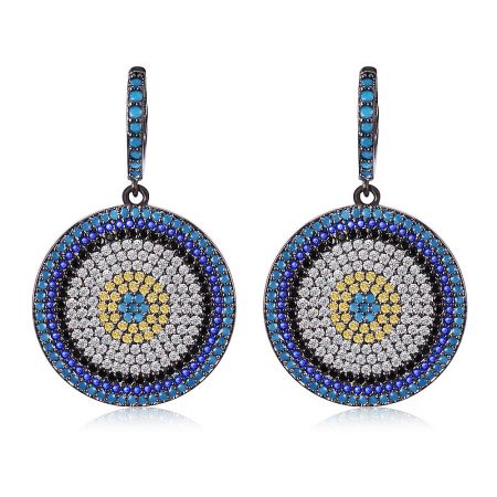 Bling Thing Earring - Front view of the Bling Thing Earring, a chandelier-style earring with a concentric circle pattern featuring sparkling blue, white, and yellow cubic zirconia stones on a hematite-plated brass base.