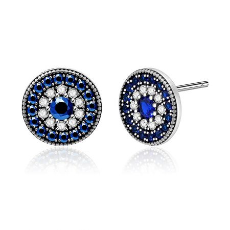 Top-down view of the round blue gemstone stud earrings set in silver.