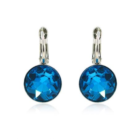 10mm Round Rhodium Solitaire Blue Earrings - A pair of 10mm Round Rhodium Solitaire Blue Earrings with silver clasps, showcasing the vibrant blue crystal and French hook design.