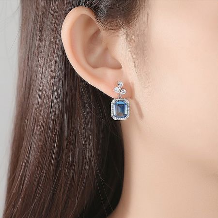 Close-up of the elegant blue gemstone and white stone earrings against a white background.