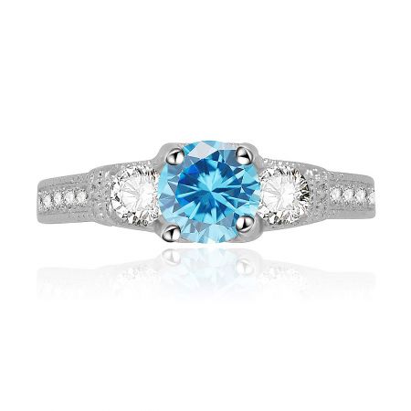 Aquamarine Elegant Engagement Ring - Elegant aquamarine engagement ring with a brilliant cut solitaire gemstone in a 4-claw setting, surrounded by smaller sparkling stones on a rhodium-plated brass band.