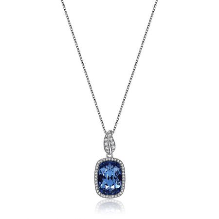 Blue Swarovski Crystal Rectangle Drop Necklace - Blue Swarovski Crystal Rectangle Drop Necklace in 925 sterling silver, featuring a vibrant blue crystal pendant surrounded by a pave of white crystals.