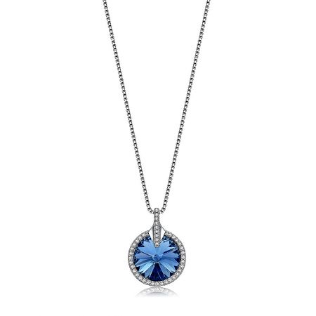 Crystal Round Glance Blue Necklace - A close-up of the Crystal Round Glance Blue Necklace, showcasing the brilliant blue Swarovski crystal pendant encircled by smaller clear stones, on a 925 sterling silver chain.
