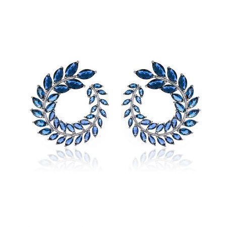 Blue Marquise Cluster Earrings - A pair of Blue Marquise Cluster Earrings (JRE-010) with a wreath-like design, featuring brilliant blue cubic zirconia stones on a rhodium-plated brass base.