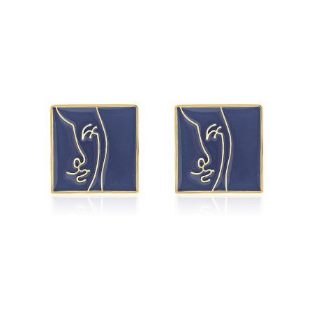 Enamel Purple Face Square Earrings - A pair of Enamel Purple Face Square Earrings, featuring a gold-plated square stud with a purple enamel abstract face design, shown on a neutral background.