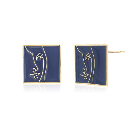 Detailed view of the Enamel Purple Face Square Earring, highlighting the purple enamel and gold plating.